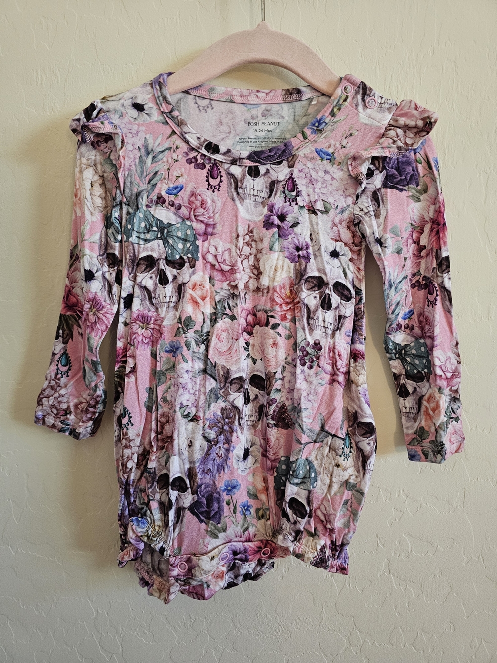 Posh Peanut Girls' Pink Floral & Skull Long Sleeve Top 18-24 Months - Picture 1 of 2